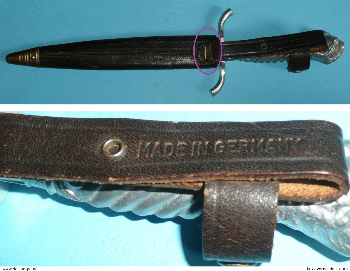 Rare Couteau Chasse Militaria, Carl SCHLIEPER Solingen, Housse étui Cuir Avec Embout En Métal Germany, Dague - Knives/Swords