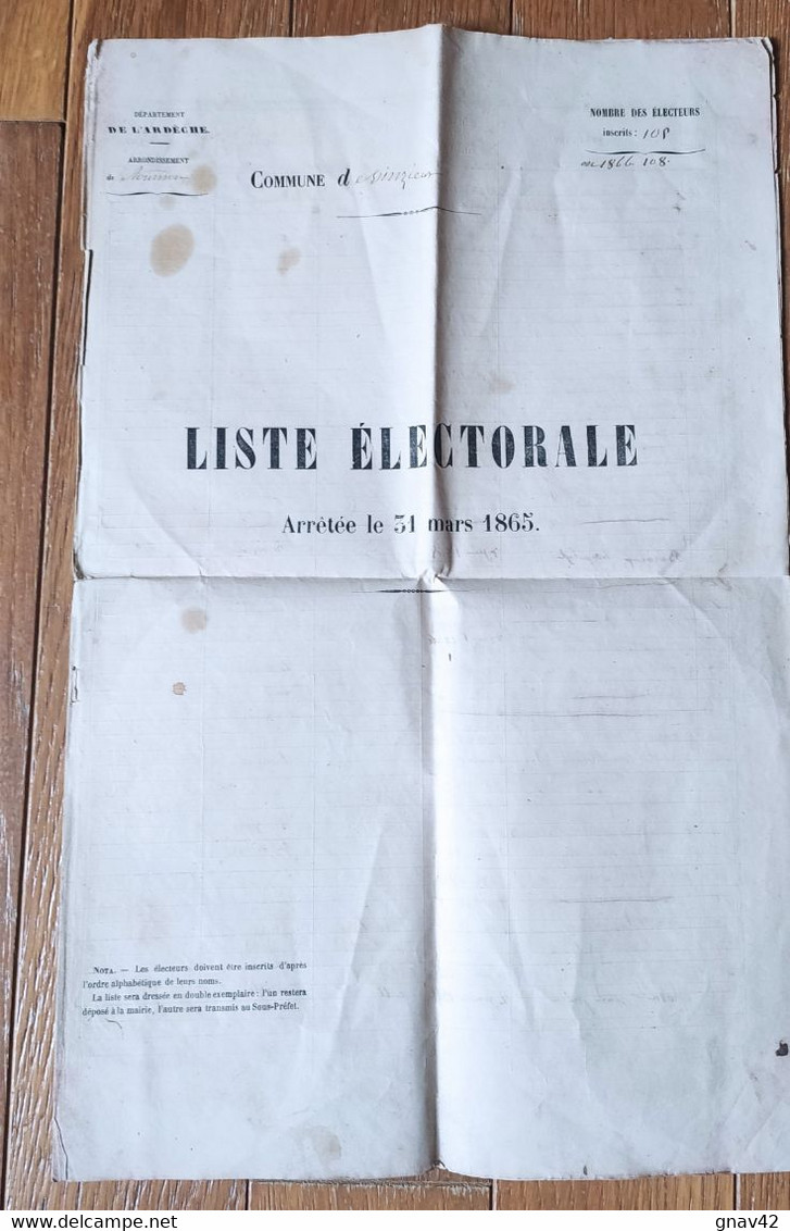 Ardèche Vinzieux 1865 Liste électorale Dimension 44 Cm X 28 Cm - Historische Documenten