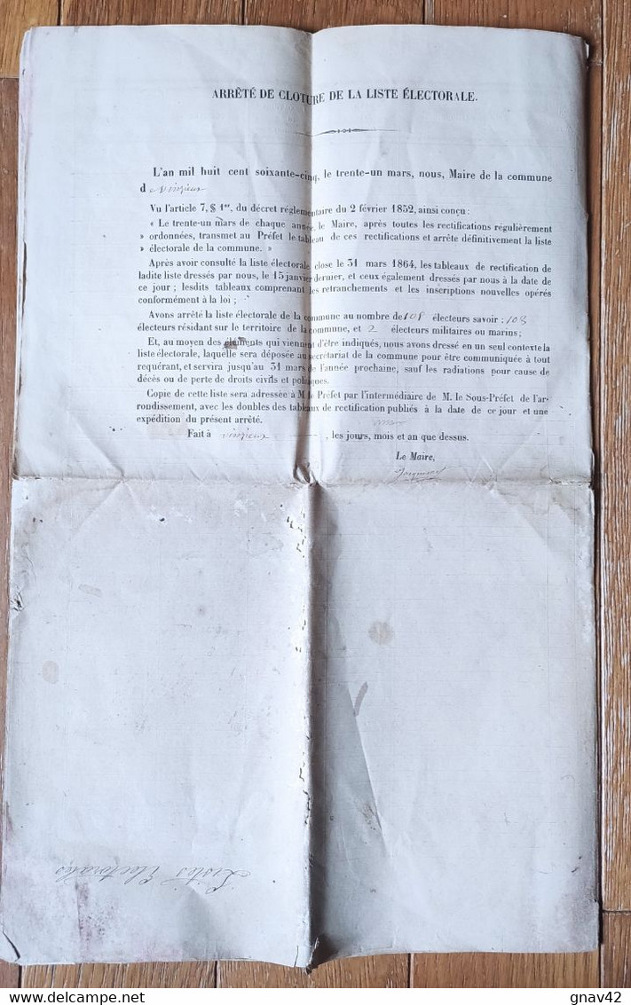 Ardèche Vinzieux 1865 liste électorale dimension 44 cm X 28 cm