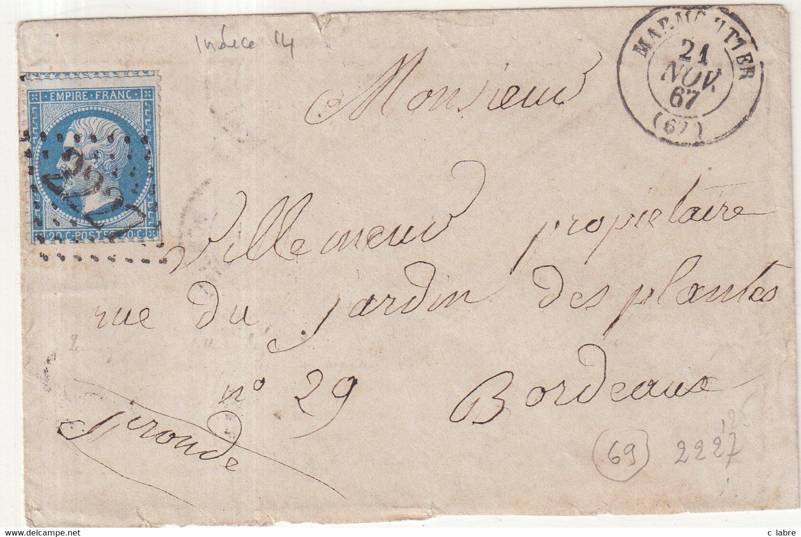 FRANCE : GC 2227 . " MARMOUTIER " . (67) . N° 22 . 1867 . - 1849-1876: Klassik