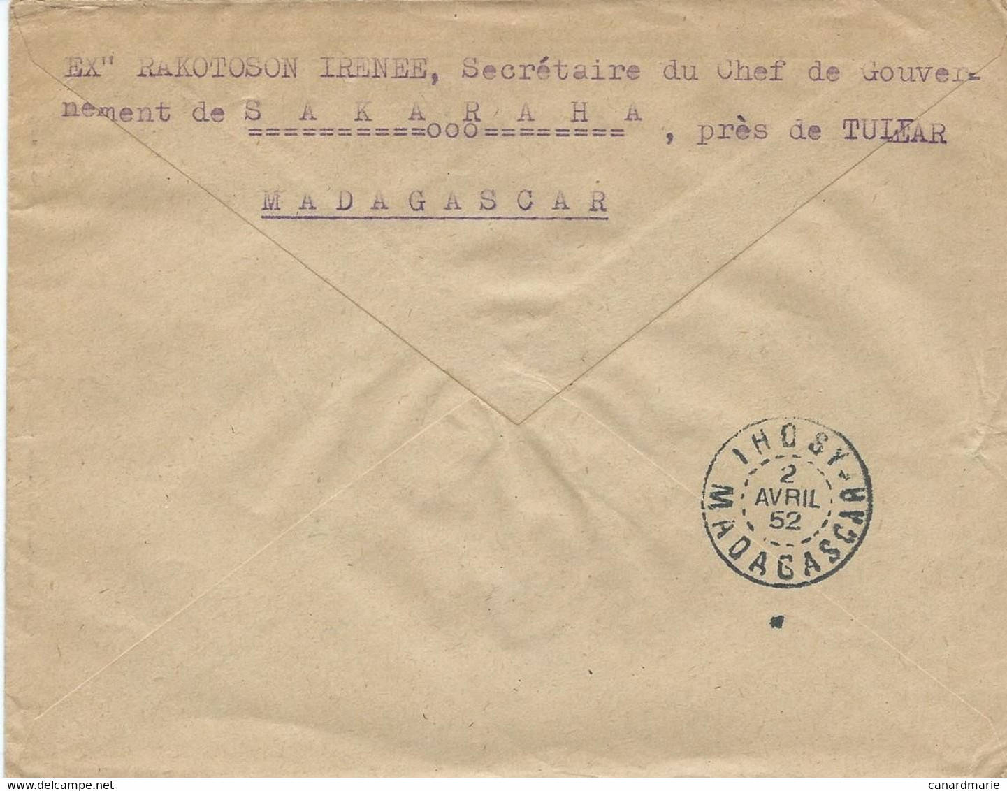 LETTRE  1952 AVEC 3 TIMBRES ET CACHET DE LA SAKAHARA - Storia Postale