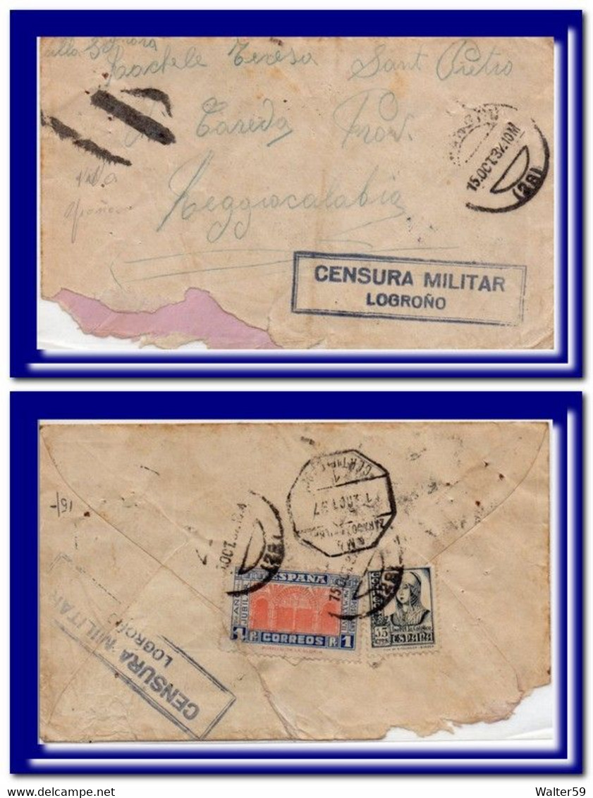 1937 Espana Carta De Logrono Dirigida A Italia Censura Spain Letter War Civil - Bolli Di Censura Nazionalista