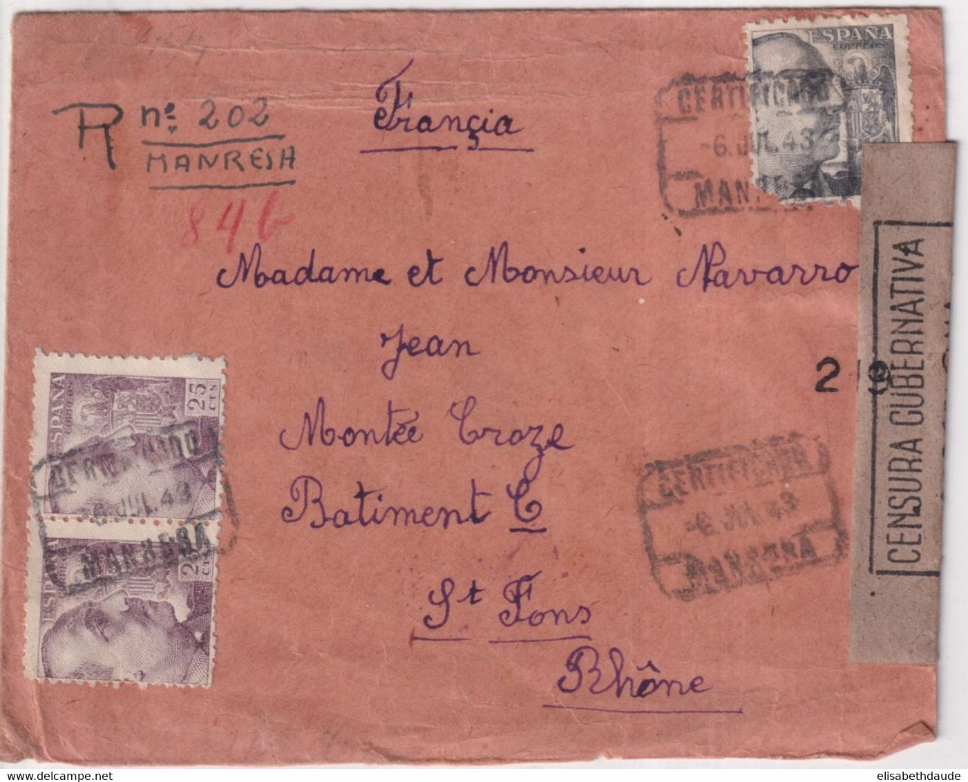 ESPAGNE - 1943 - ENVELOPPE RECOMMANDEE (MANUSCRIT !) De MANRESA Avec CENSURE ALLEMANDE + ESPAGNOLE => ST FONS (RHONE) - Brieven En Documenten