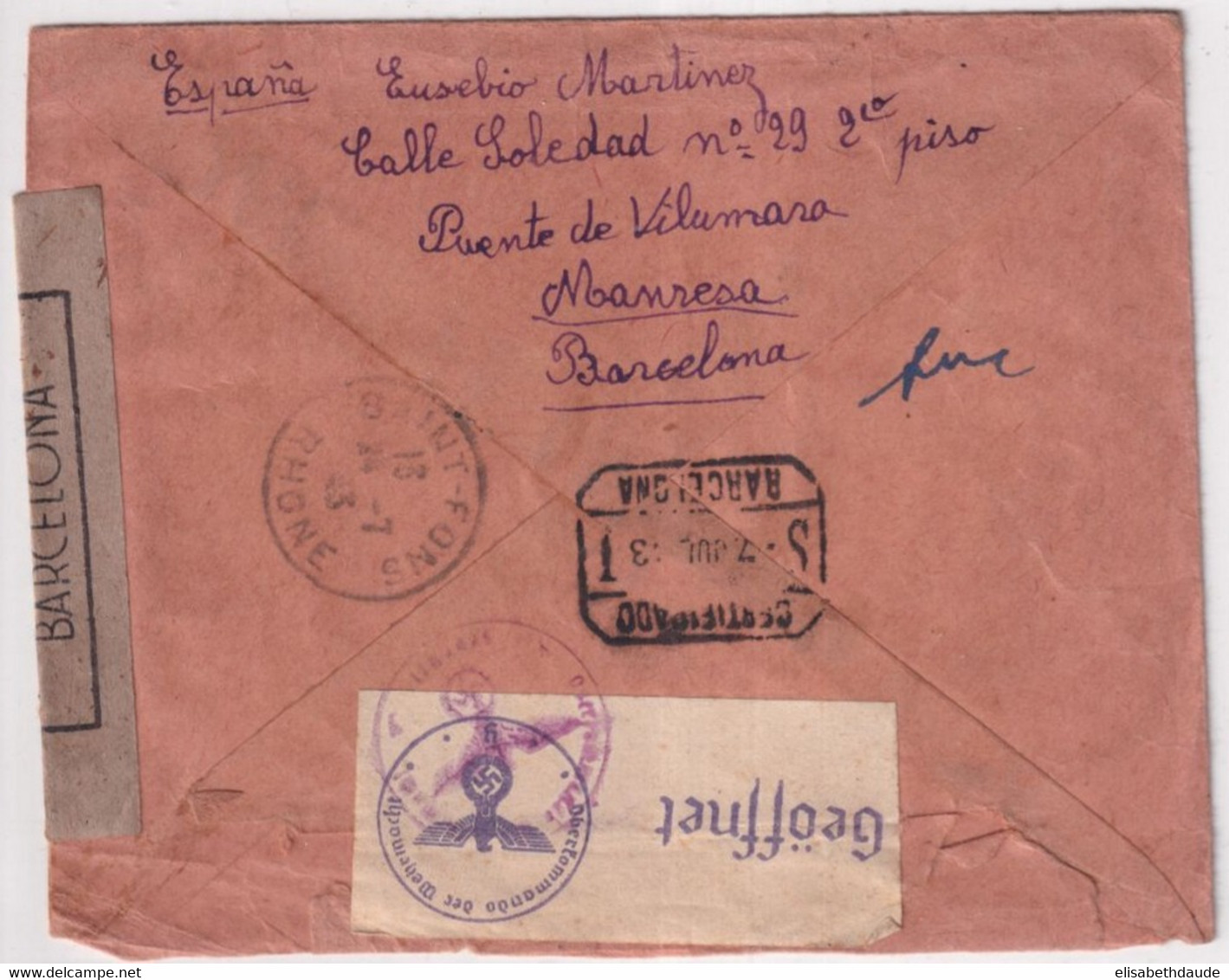 ESPAGNE - 1943 - ENVELOPPE RECOMMANDEE (MANUSCRIT !) De MANRESA Avec CENSURE ALLEMANDE + ESPAGNOLE => ST FONS (RHONE) - Brieven En Documenten