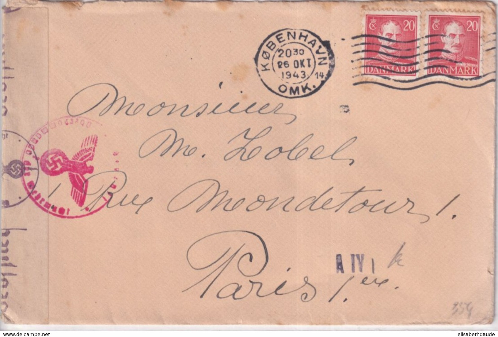 DANMARK -1943 - ENVELOPPE Avec CENSURE De COPENHAGUE => PARIS - Lettres & Documents