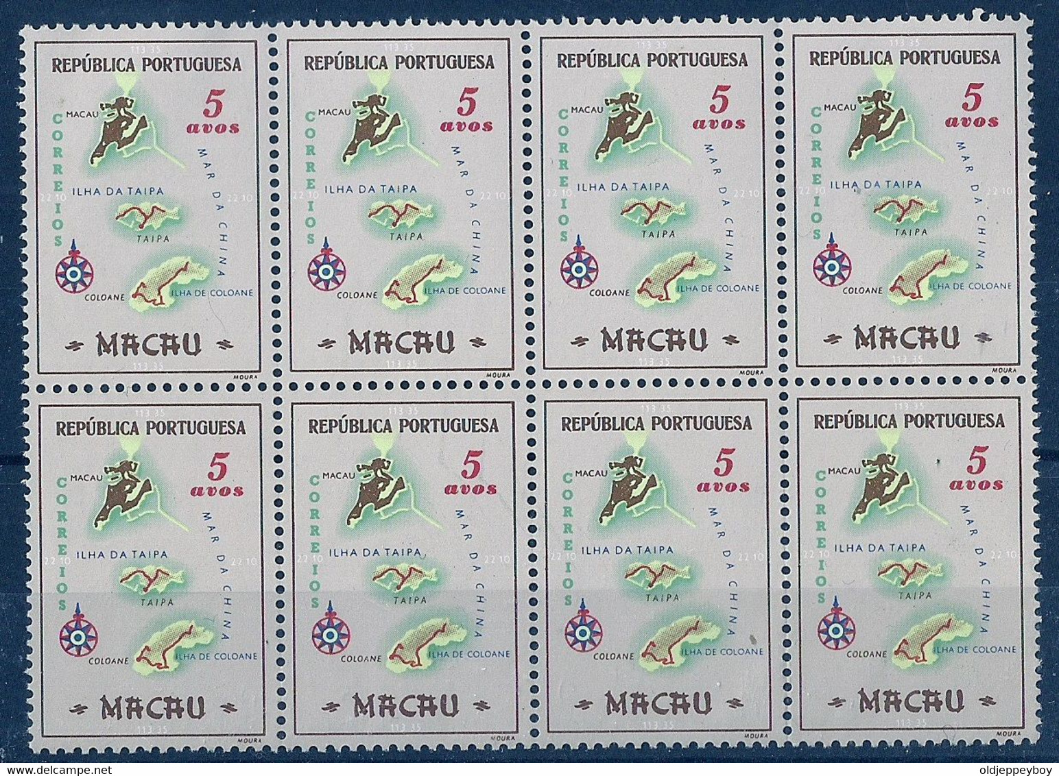 Chine China MACAO MACAU Portugal  1956 Geographic Map 5 AVOS Block Of 8 MNH Mundifill 388 Extra Fine - Hojas Bloque