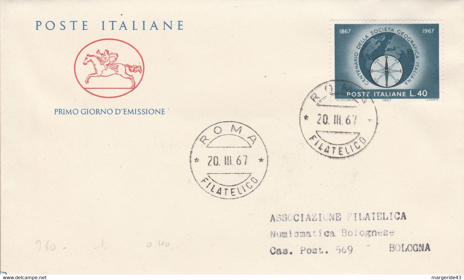 ITALIE FDC 1967 SOCIETE GEOGRAPHIQUE ITALIENNE - FDC