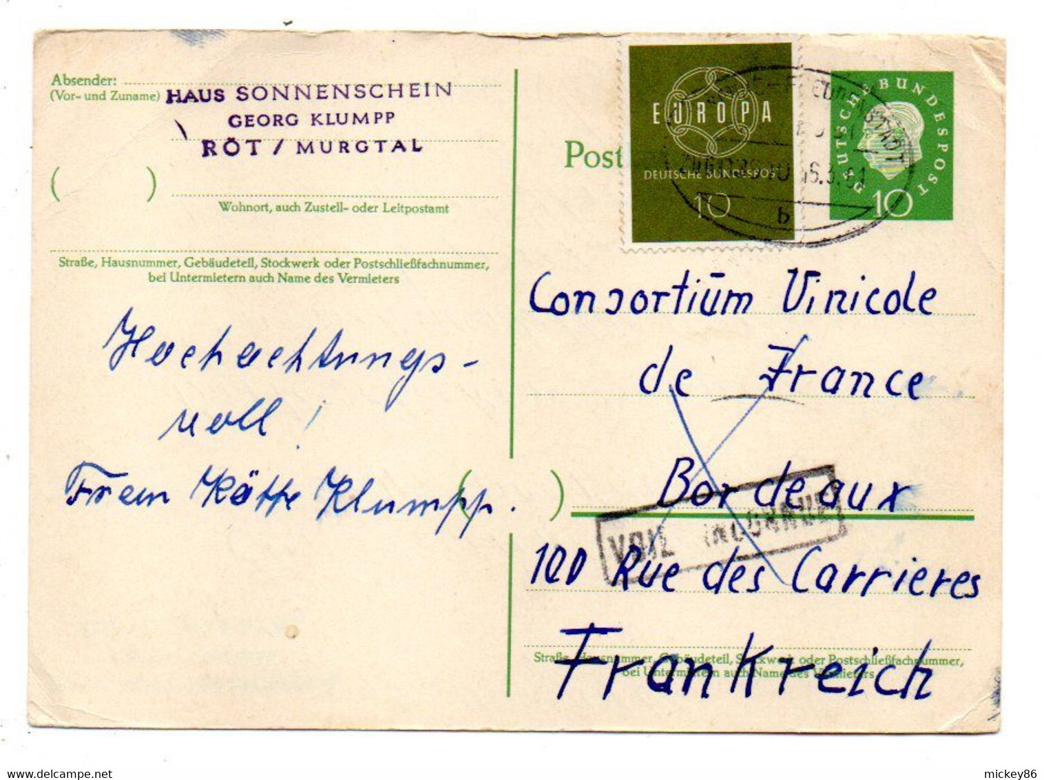 Allemagne --1961 -- Entier Postal De ROT/ MURGTAL Pour BORDEAUX (France)..complément D'affranchissement.........à Saisir - Postkaarten - Gebruikt