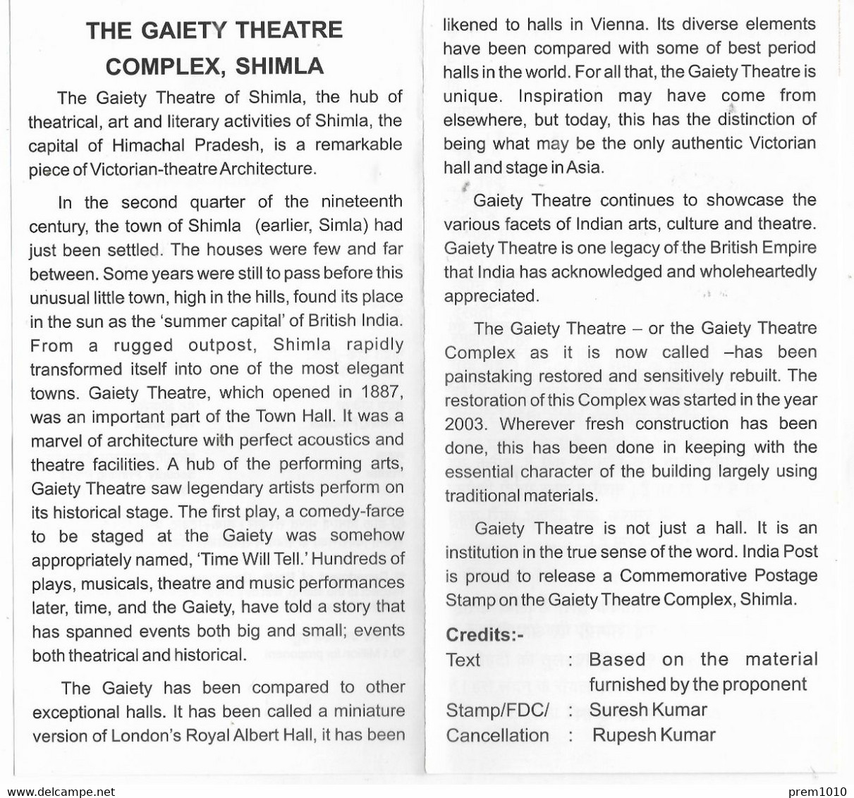 INDIA 2014 GAIETY THEATRE COMPLEX- SHIMLA--  Official Information Brochure - Unclassified