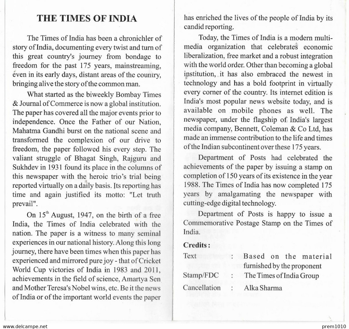 INDIA 2013 THE TIMES OF INDIA- 175 YEARS--  Official Information Brochure - Unclassified