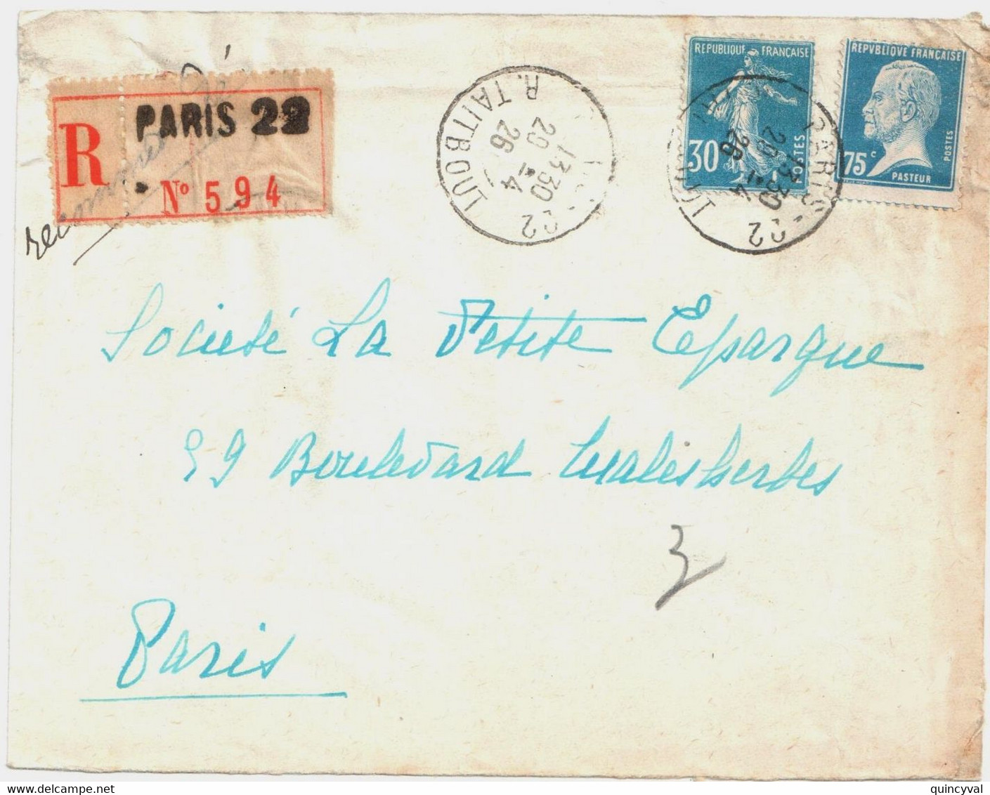 PARIS 22 R Taitbout Lettre Recommandée 30c Semeuse Bleu 75c Pasteur Piquage Décalé Yv 192 177 Ob 29 4 1926 - Brieven En Documenten