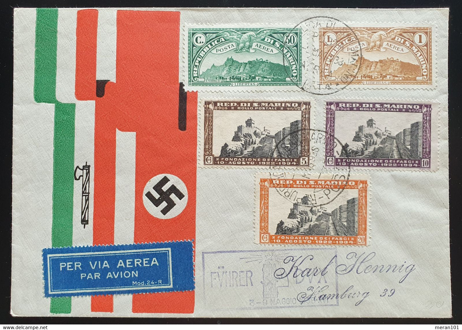 San Marino 1938, Brief MiF SAN MARINO Nach Hamburg "per Via Aerea" - Cartas & Documentos