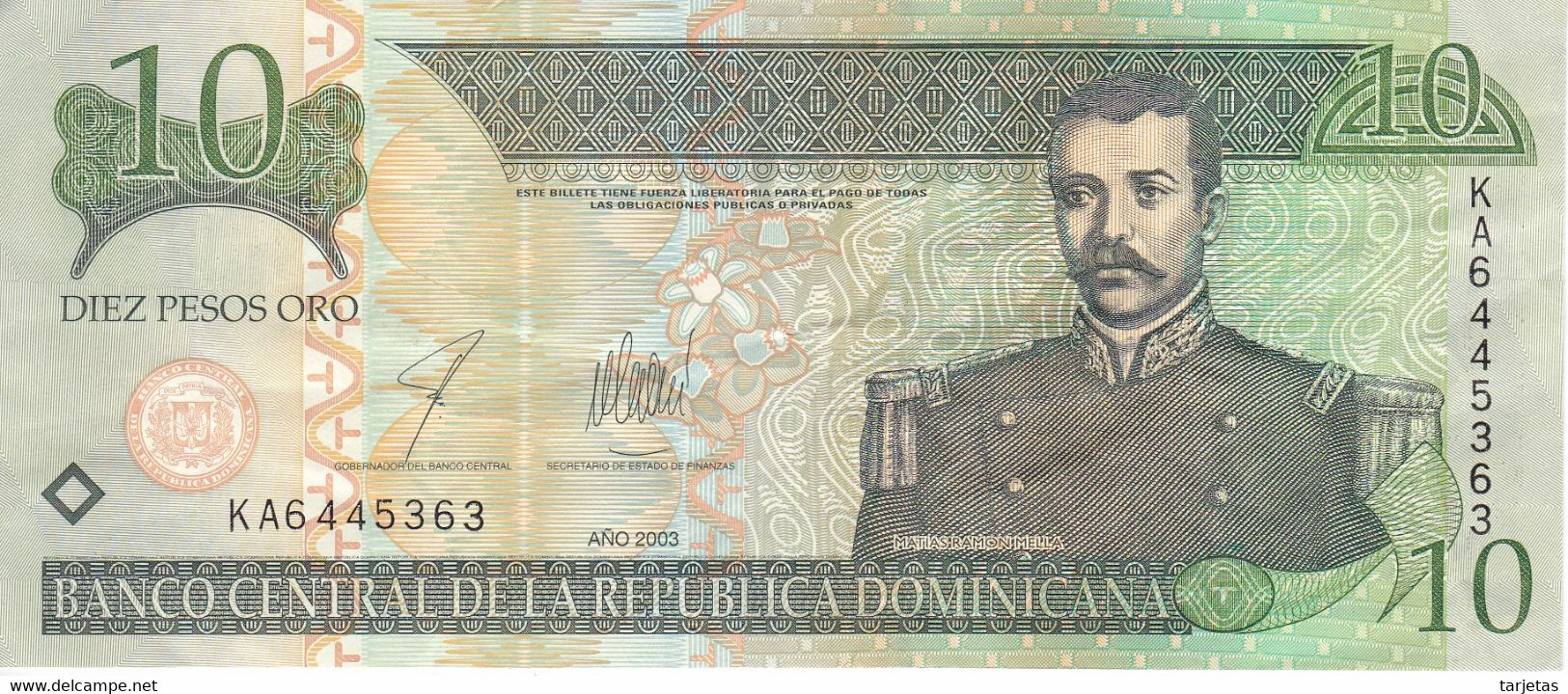 BILLETE DE REP. DOMINICANA DE 10 PESOS ORO DEL AÑO 2003 SERIE KA EN CALIDAD MBC (VF) (BANKNOTE) - Dominicana