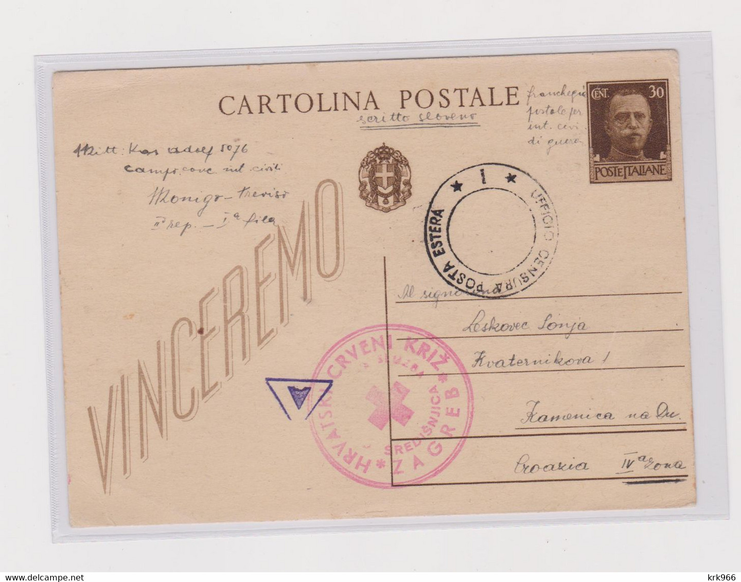 ITALY WW II,1943 Concentration Camp Moniigo Treviso Censored Postal Stationery To Kamenica Croatia - Marcophilia