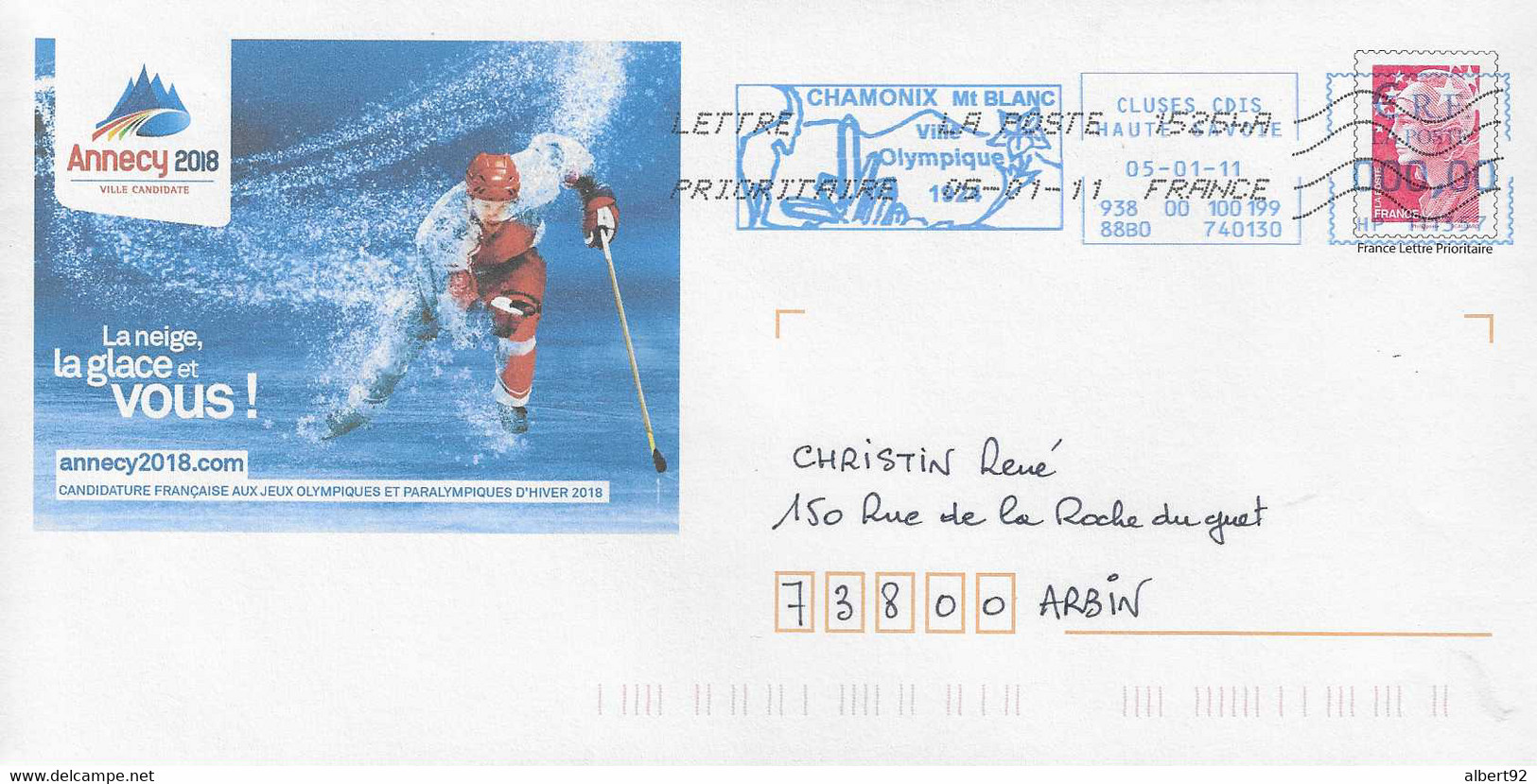2011 EMA "Chamonix Ville Olympique 1924" .Entier Postal Candidature D'Annecy Pour 2018: Hockey Sur Glace - Winter 2018: Pyeongchang