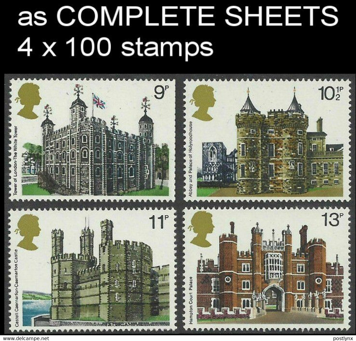 CV:€180.00 Great Britain 1978 Castles Buildings COMPLETE SHEETS:4 (4x100 Stamps) - Sheets, Plate Blocks & Multiples