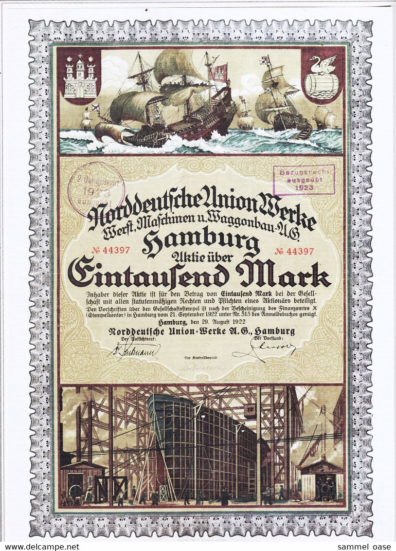 Faksimile / Reprint  -  Norddeutsche Union-Werke Hamburg  -  Nachdruck Vom Wertpapier 1922 - Transport