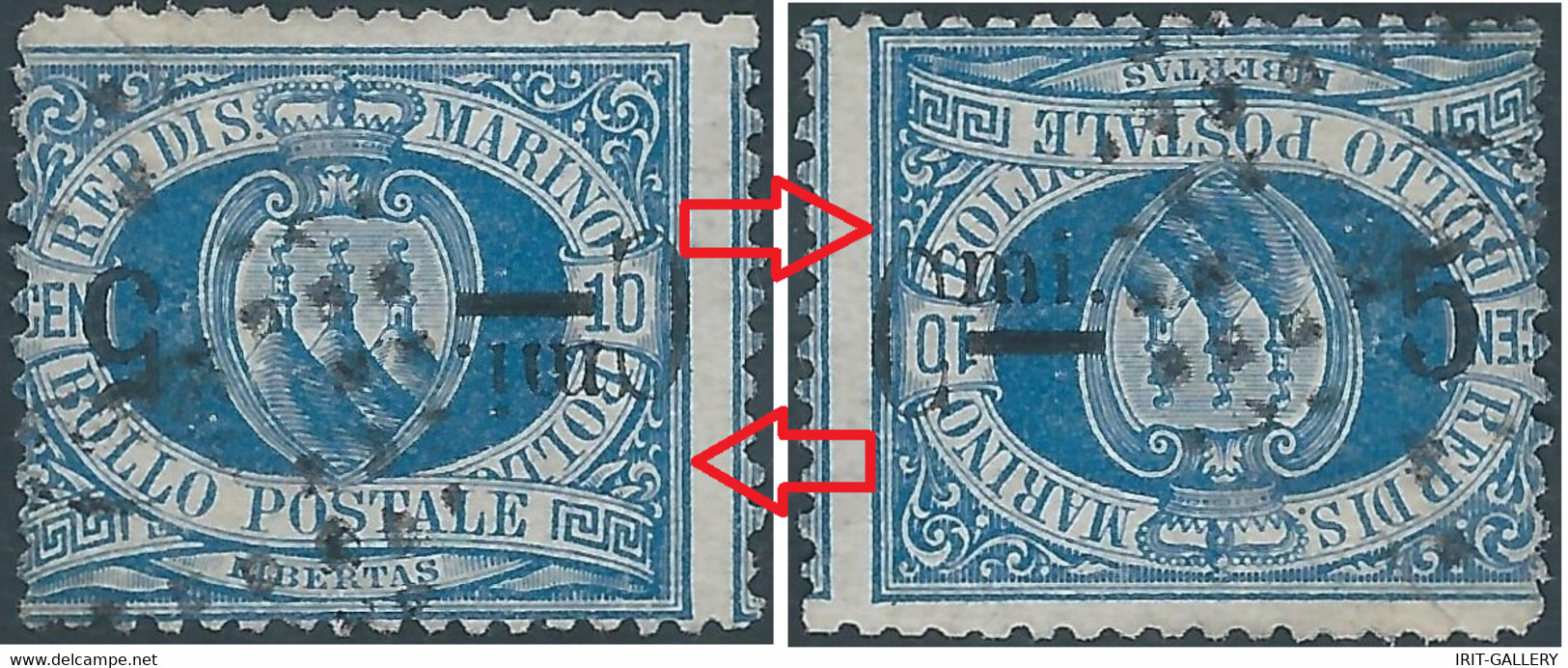 Republic Of San Marino 1892 Coat Of Arms 5/10C (OVERPRINT INVERTED) Watermark CROWN Vertical,Oblitéré - Usados