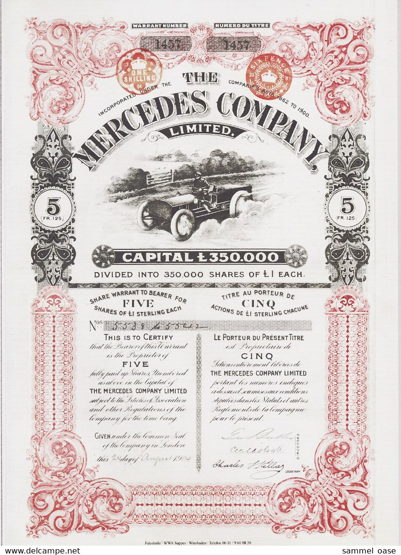 Faksimile / Reprint  -  Mercedes Company Ltd. / London  -  Nachdruck Vom Wertpapier 1904 - Automobile