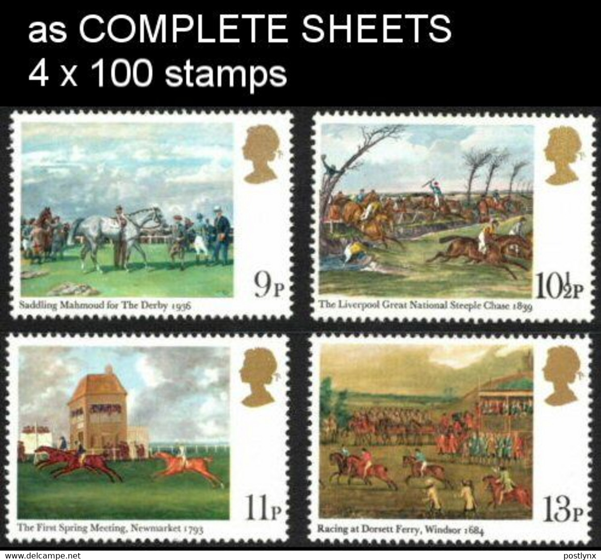 CV:€120.00 Great Britain 1979 Horses Horseracing Derby Paintings COMPLETE SHEETS:4 (4x100 Stamps) - Fogli Completi