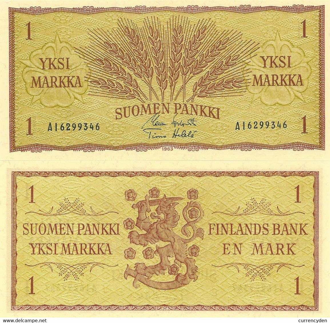 Finland P98a, 1 Mark, Wheat / Arms UNC 1963 - Finland