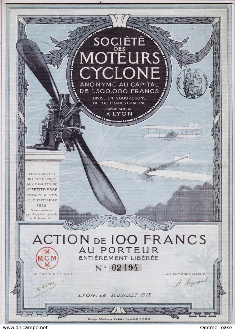 Faksimile / Reprint  -  Societe Des Moteurs Cyclone  -  Nachdruck Vom Wertpapier 1913 - Aviazione