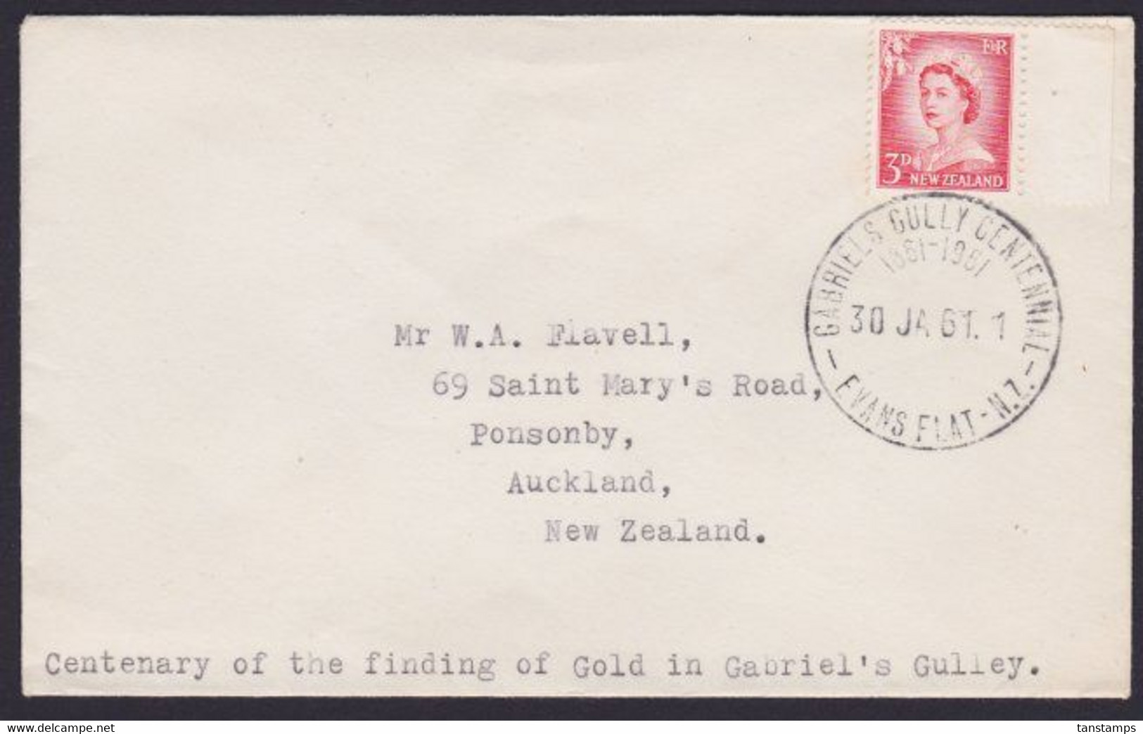 NZ 1961 GOLD STRIKE CENTENARY IN GABRIEL'S GULLY - Brieven En Documenten