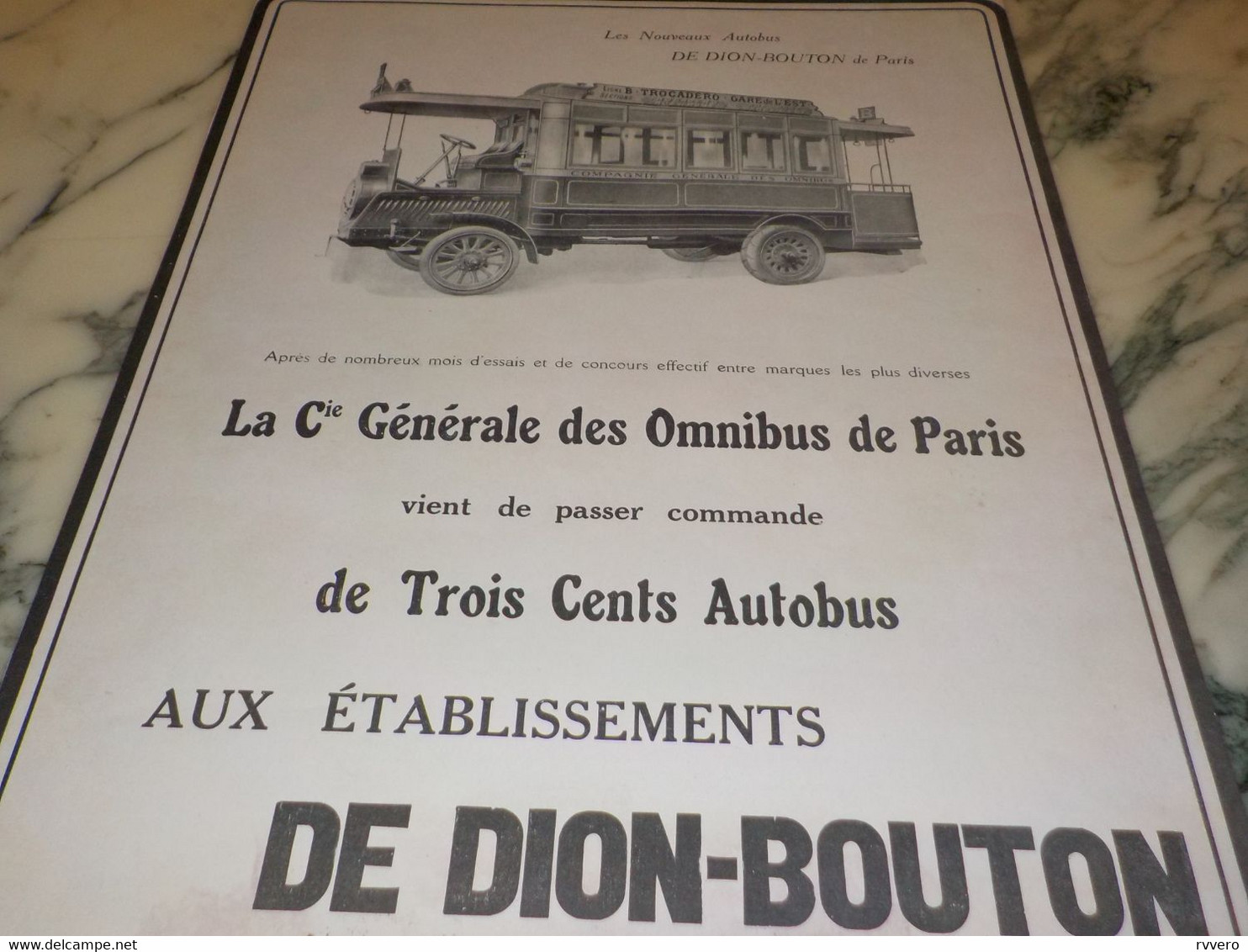 ANCIENNE PUBLICITE TROIS CENTS AUTOBUS A PARIS   DE DION BOUTON 1911 - Camion