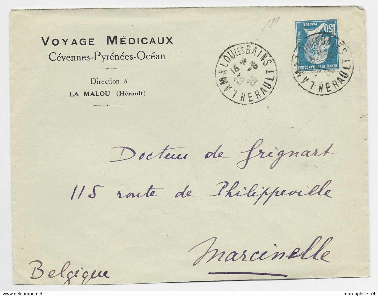 FRANCE N° 181 LETTRE DAGUIN TRACES DU PISTON LAMALOU LES BAINS 23.9.1929 HERAULT POUR BELGIQUE - Maschinenstempel (Werbestempel)