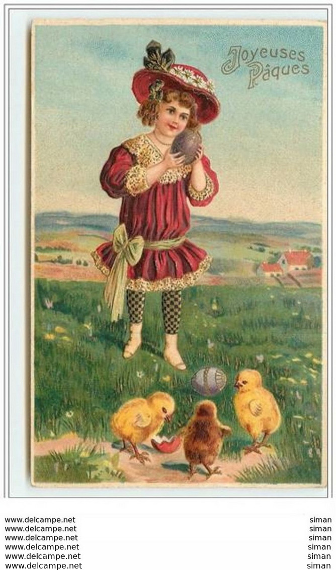 N°2139 - Carte Gaufrée - Joyeuses Pâques - Fillette Robe Rouge Avec Un Oeuf - Easter