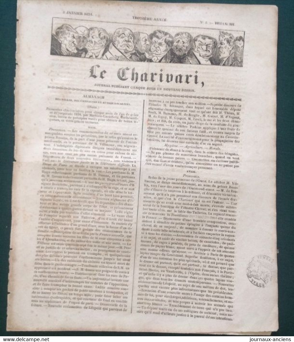 1834 Journal Satirique LE CHARIVARI - VUE GÉNÉRAL DE PARIS - DAUMIER 10 TÊTES - 1800 - 1849