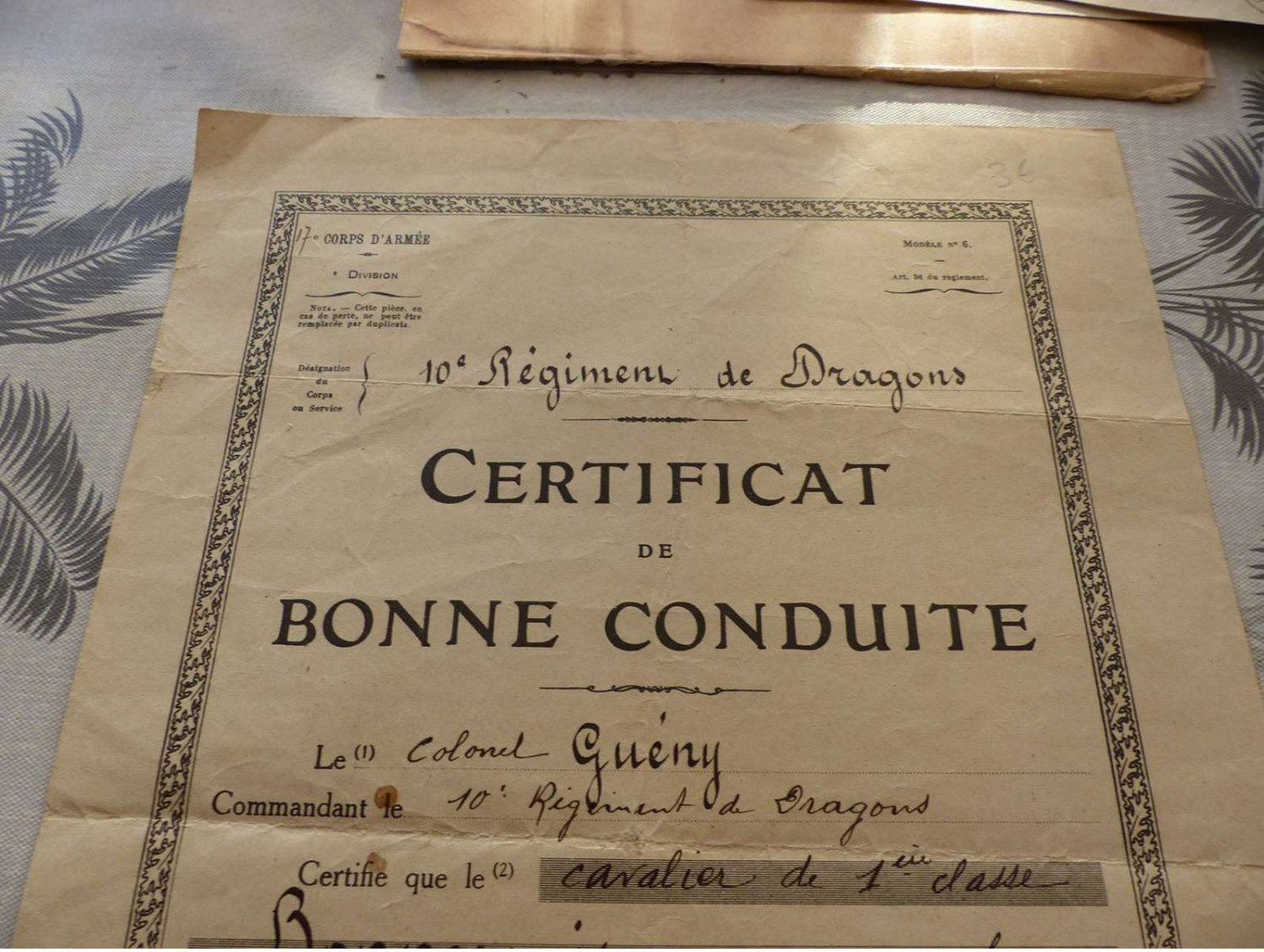 M-72 , Certificat De Bonne Conduite, 10e Régiment De Dragons, Montauban, 5 Mai 1927 - Dokumente