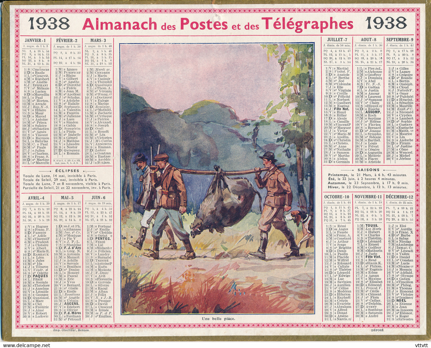ALMANACH DES POSTES ET TELEGRAPHES OBERTHUR 1938 : Illustration Scène De Chasse, Sanglier, Chasseurs, Vendée - Grand Format : 1921-40
