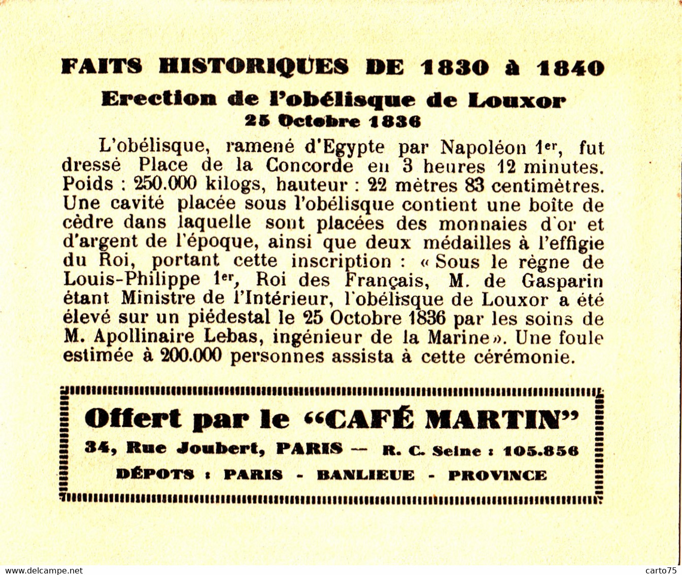 Commerce - Café Martin 34 Rue Joubert Paris - Histoire 1830/1840 - Erection Obélisque Louxor Paris - Cafés