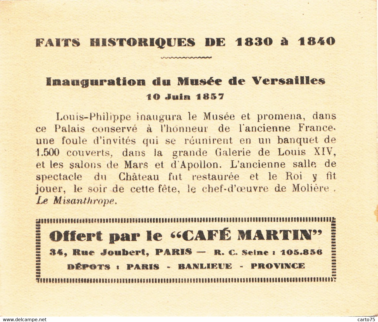 Commerce - Café Martin 34 Rue Joubert Paris - Histoire 1830/1840 - Inauguration Musée De Versailles - Cafes