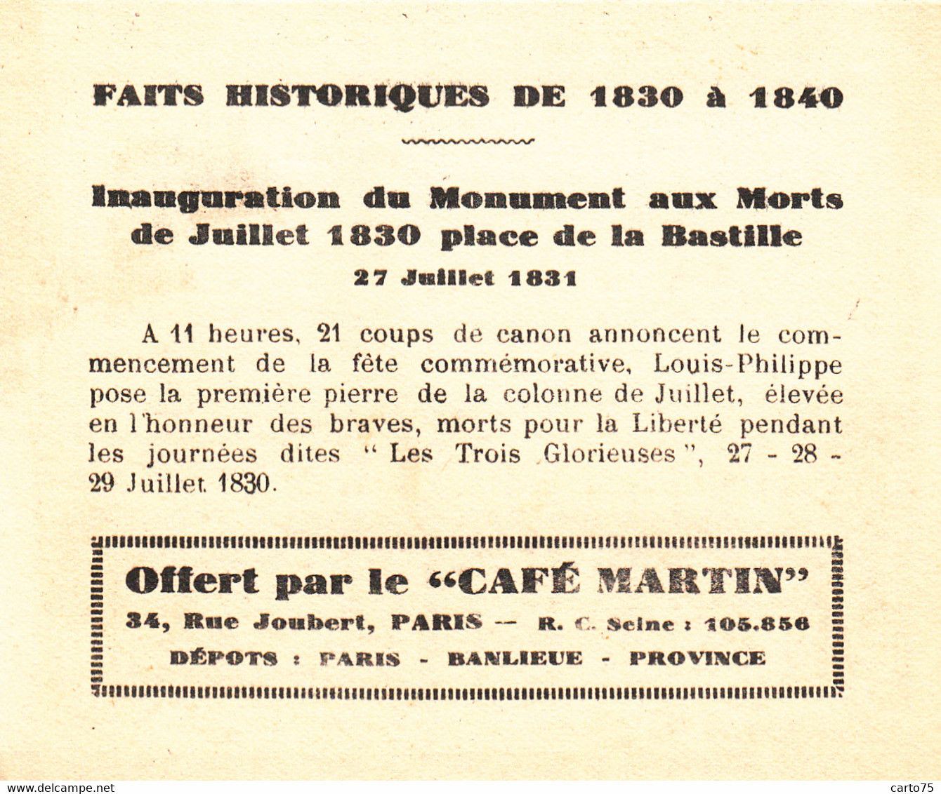 Commerce - Café Martin 34 Rue Joubert Paris - Histoire 1830/1840 - Inauguration Monument Aux Morts De Juillet 1830 - Cafés