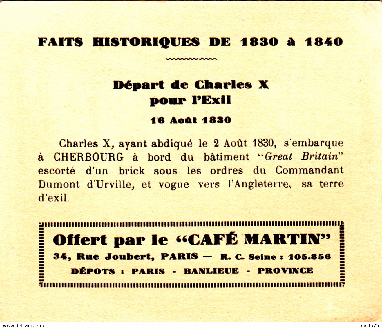 Commerce - Café Martin 34 Rue Joubert Paris - Histoire 1830/1840 - Exil De Charles X - Port De Cherbourg Bâteaux - Cafés