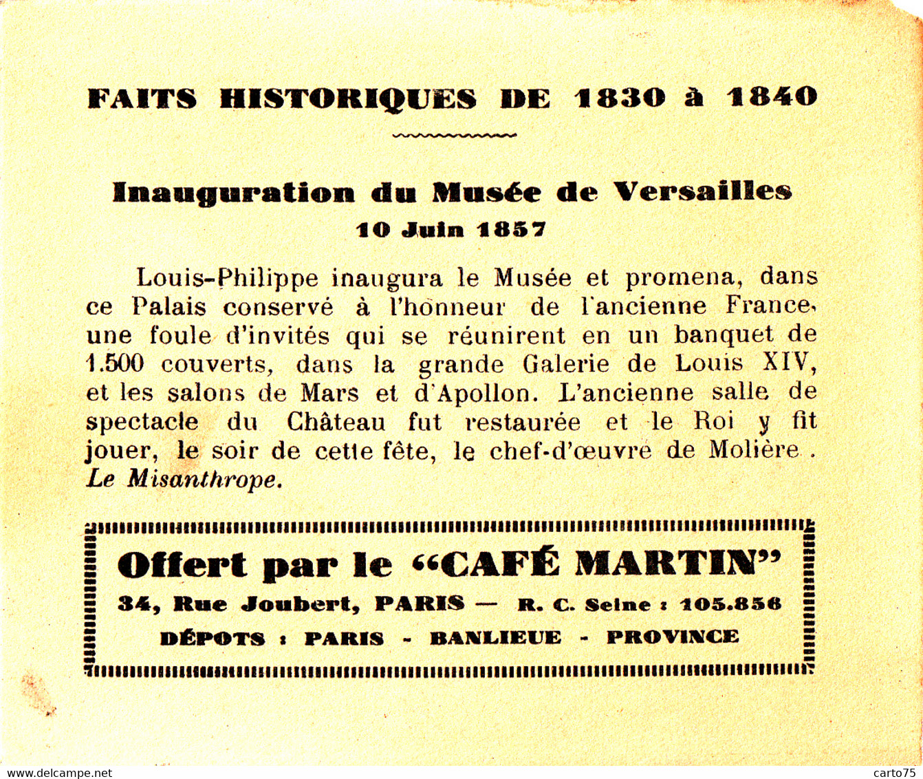 Commerce - Café Martin 34 Rue Joubert Paris - Histoire 1830/1840 - Inauguration Musée De Versailles - Cafes