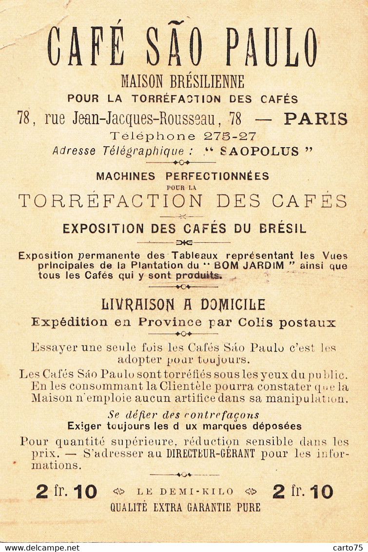 Commerce - Café Sao Paulo 78 Rue JJ Rousseau Paris - Femme Mode - Escrime Rapière - Chromo Fin XIXème Siècle - Cafes