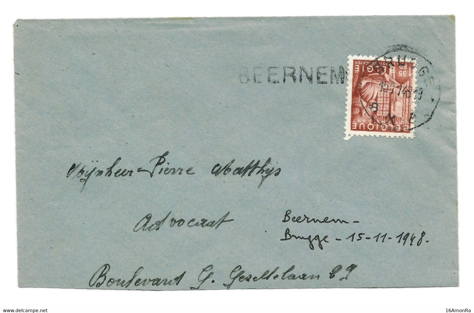 1Fr.35 INDUSTRIE NIJVERHEID Papier D'art Obl. Sc BRUGGE B X sur Lettre Du 15-11-1948 + Griffe BEERNEM Vers Bruges.TB . - - Griffes Linéaires