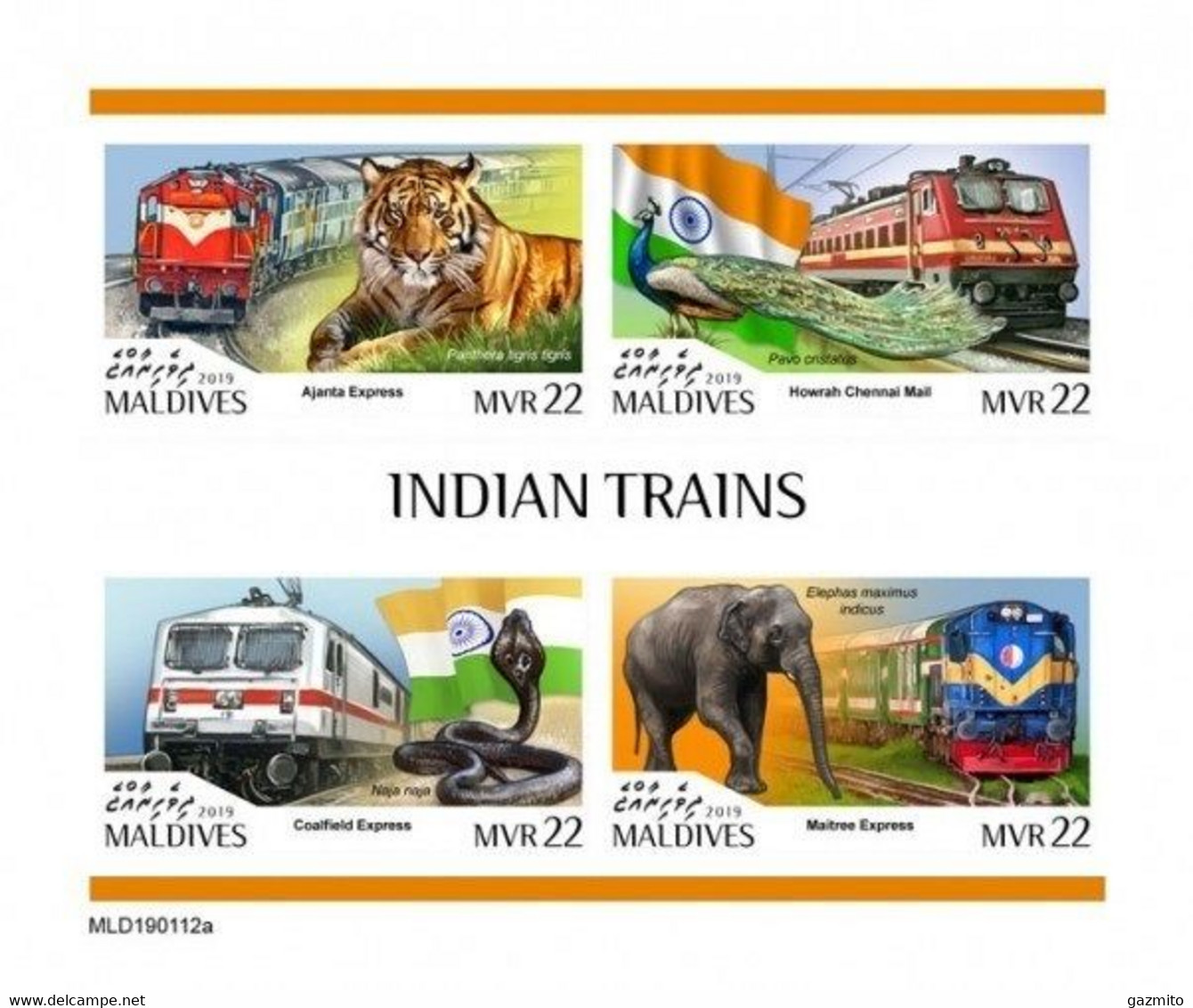Maldives 2019, Indian Trains, Elephant, Pavon, Snake, 4val In BF IMPERFORATED - Peacocks