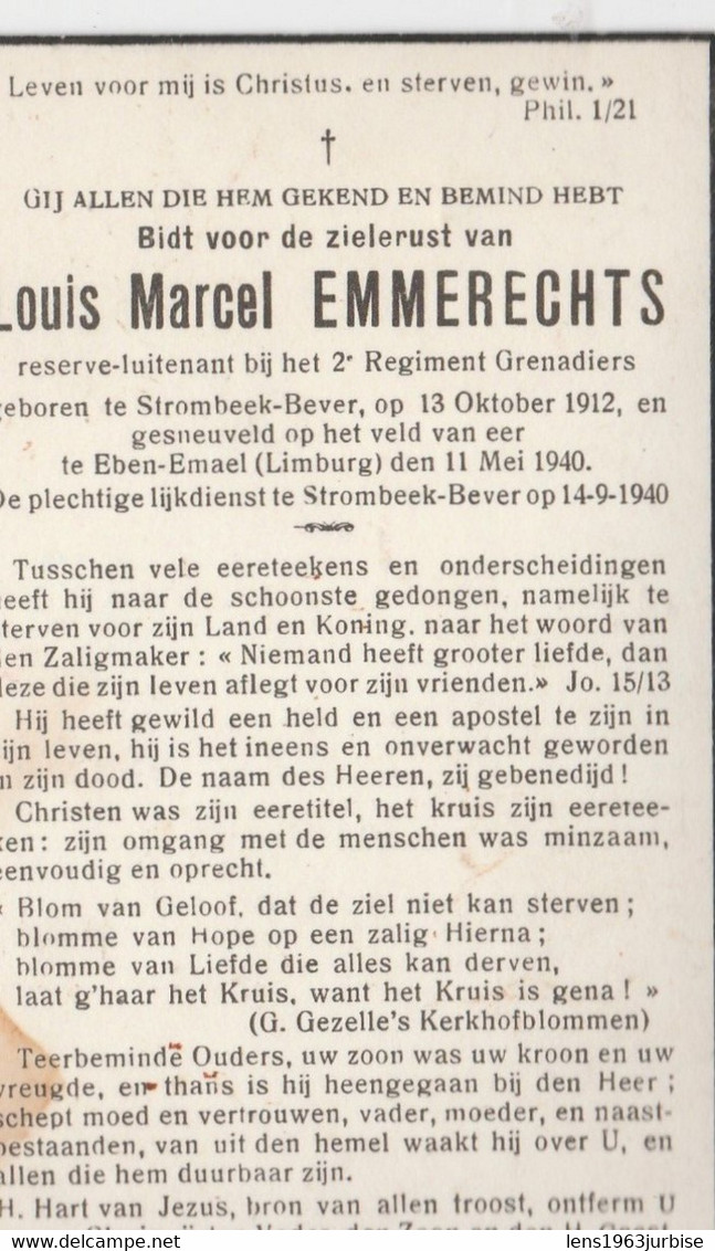 ABL, Louis Marcel Emmerechts , Geboren Te Strombeek Bever Te 13 Oktober 1912 - Eben Emael , 11 Mei 1940 , 2e Grenadiers - Obituary Notices