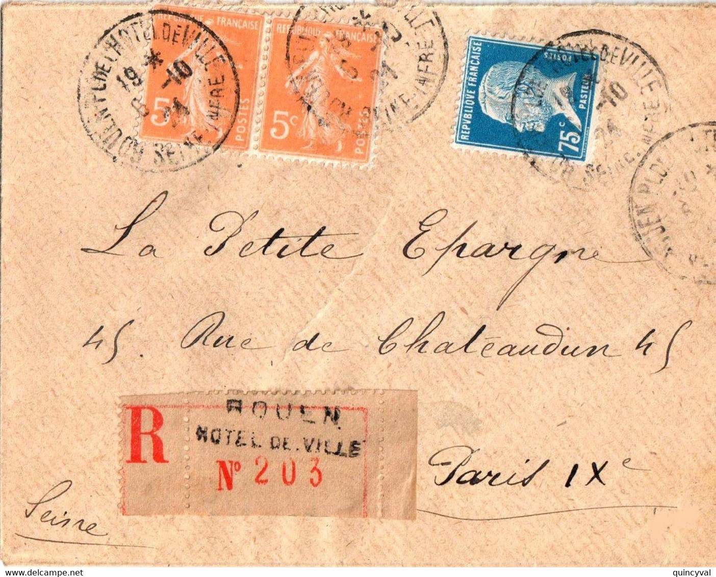 ROUEN Hôtel De Ville Lettre Recommandée 75c Pasteur 5c Semeuse Orange Yv 158 177 Ob 8 10 1924 - Lettres & Documents
