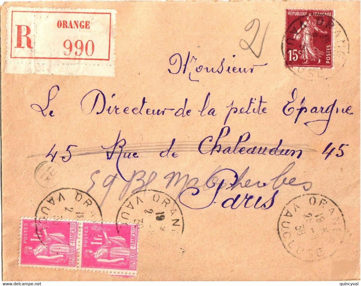 ORANGE Vaucluse Lettre Recommandée 1F Paix Rose 15c Semeuse Brun Lilas Yv 189 369 Ob 29 5 1938 - Covers & Documents