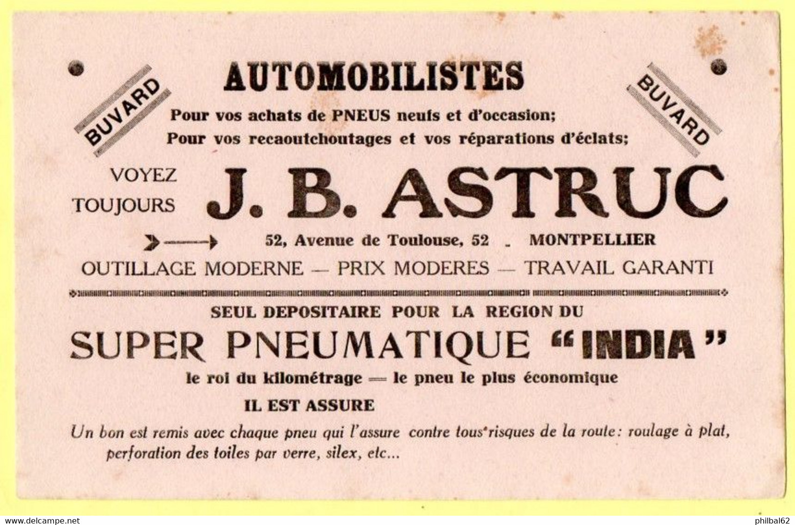 Buvard JB. Astruc Pour Vos Achats De Pneus. Montpellier. - Automobile