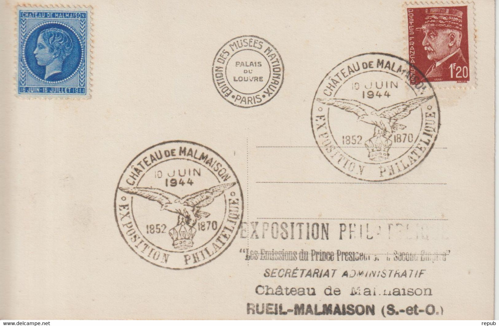 France 1944 Expo Philatélique Chateau De Malmaison Avec Vignette - Commemorative Postmarks
