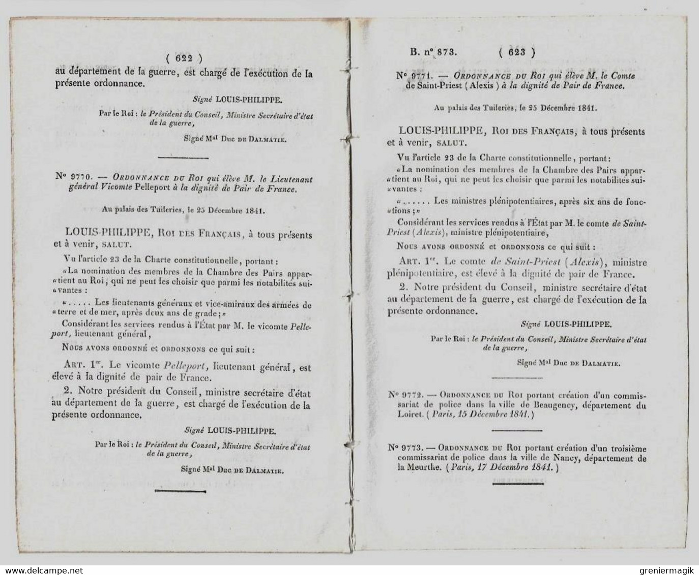 Bulletin Des Lois 873 1841 Pairs De France (Franck-Carré, Comte De Murat...)/Commissariat De Police Beaugency/Nancy - Décrets & Lois