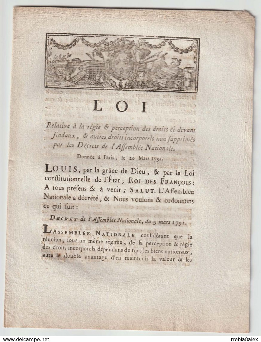 1791, Loi Relative à La Régie Et Perception Des Droits Ci-devant Féodaux... - Décrets & Lois