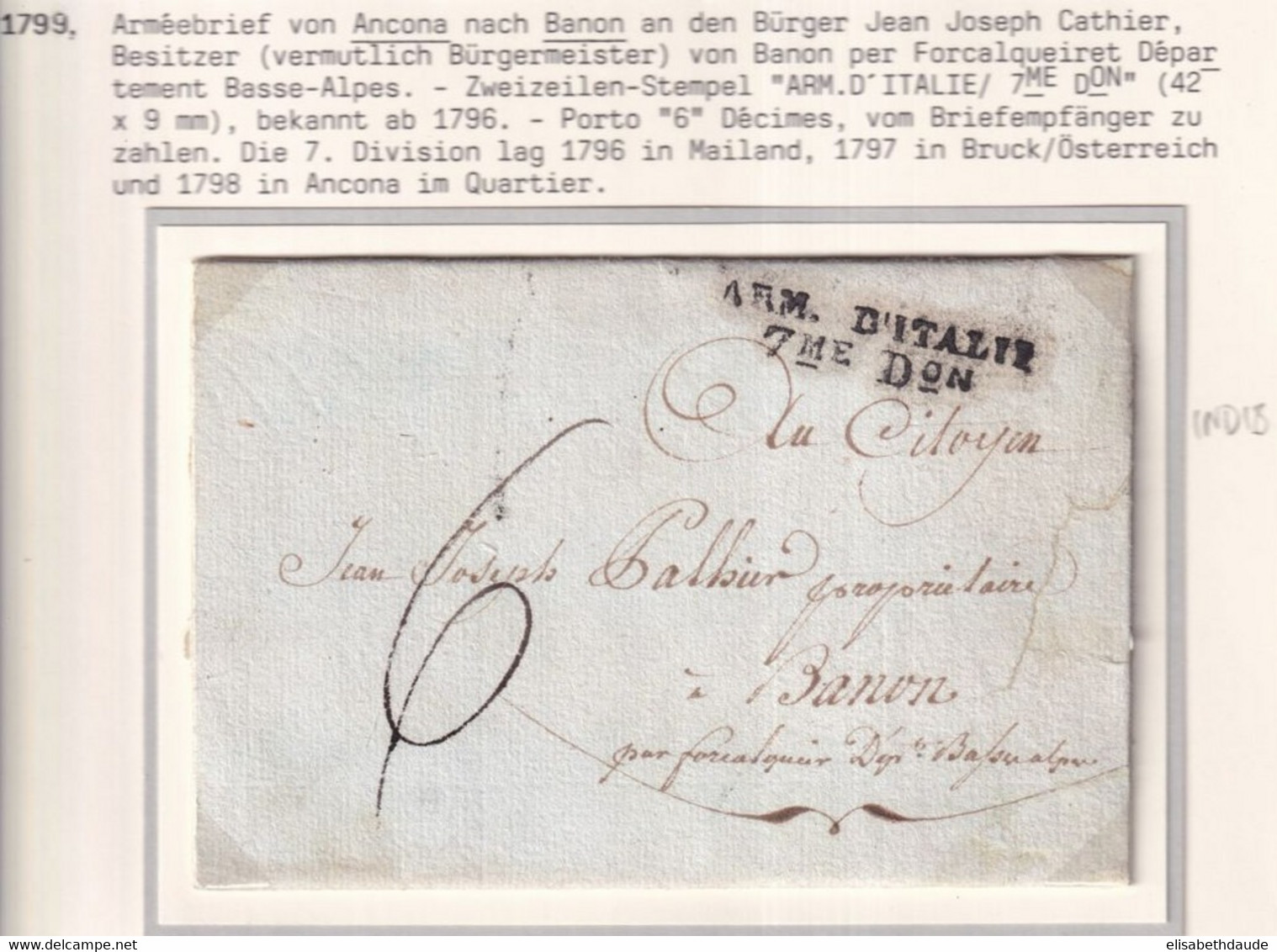1799 - ARMEE D'ITALIE 7 EME DIVISION (COTE = 350 EUR) - LETTRE De ANCONA SANS CORRESPONDANCE => BANON (BASSES ALPES) - Legerstempels (voor 1900)