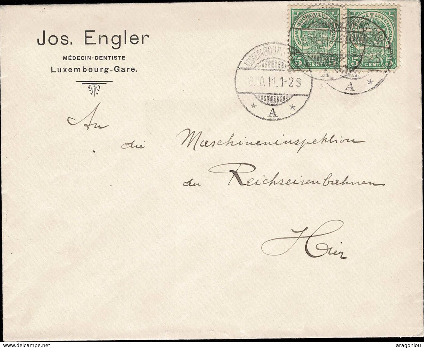 Luxembourg Luxemburg 1911 Lettre Jos. Engler Vers Trier, Timbres Armoires Paire 5c. - Altri & Non Classificati